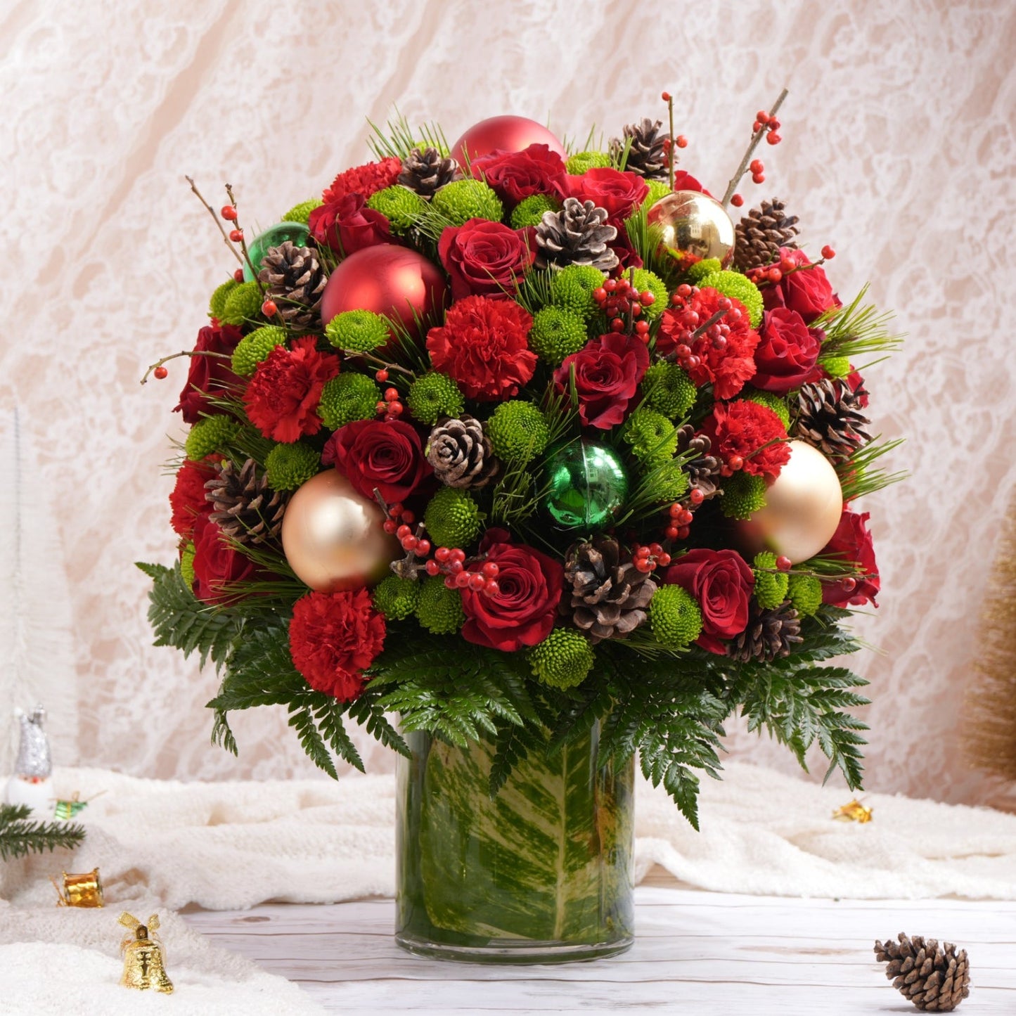Festive Christmas Floral Vase Arrangement with Roses and Pine Cones