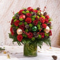 Festive Christmas Floral Vase Arrangement with Roses and Pine Cones
