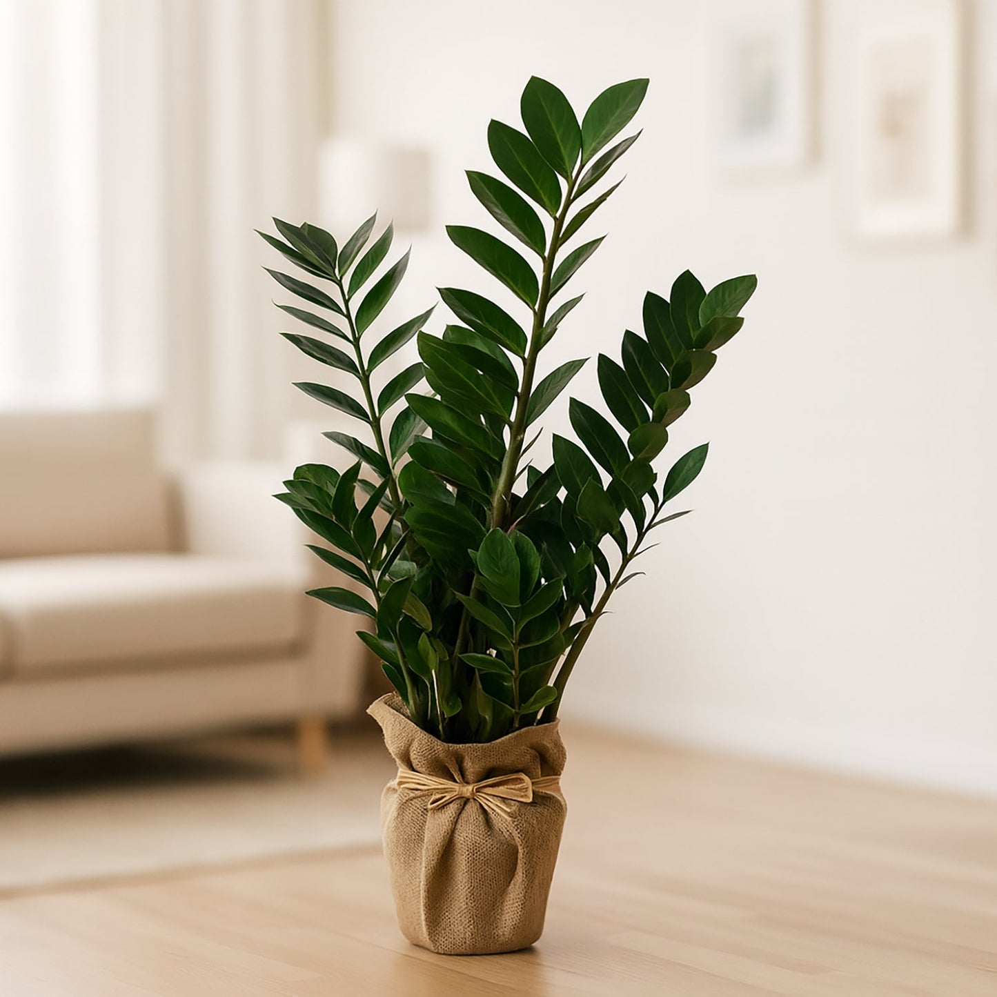 Elegant ZZ Green Plant in Eco-Friendly Jute Fabric Pot Cover