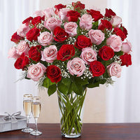 Luxurious Bouquet of 50 Vivid Red and Pink Roses in Elegant Glass Vase