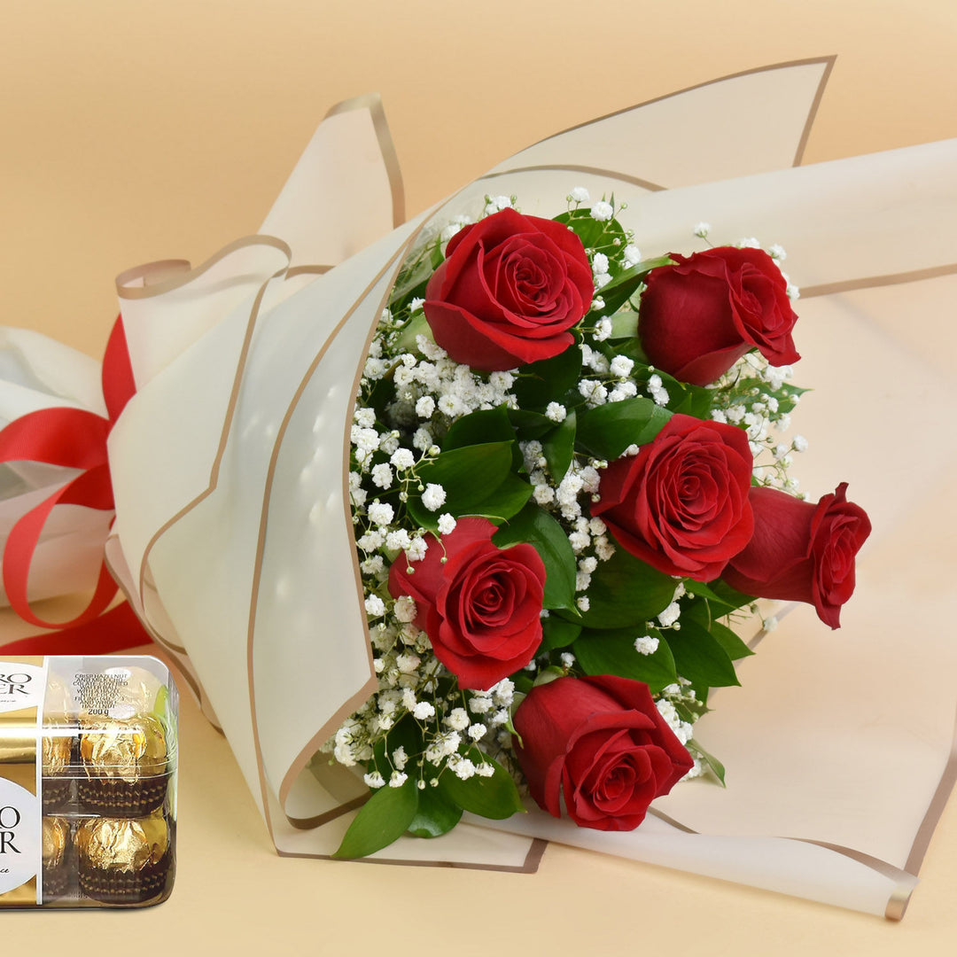 Elegant 6 Red Roses Bouquet with Ferrero Rocher Chocolates