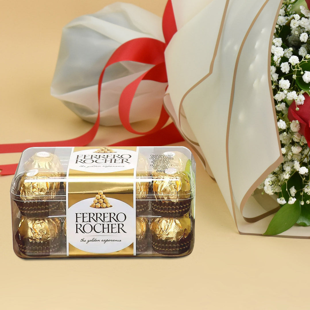 Elegant 6 Red Roses Bouquet with Ferrero Rocher Chocolates