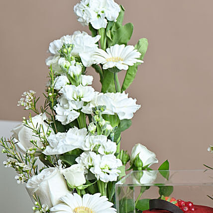 Elegant Anniversary Floral Arrangement with Red Velvet Cake