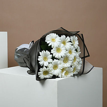 Elegant White Gerberas Bouquet with Decadent Chocolate Cake