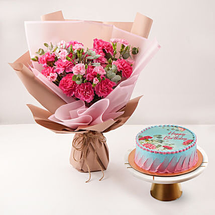 Luxurious Birthday Wish: Pink Carnation Bouquet & Chocolate Cake Combo