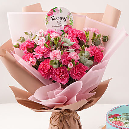 Birthday Wish Carnation Bouquet And Cake
