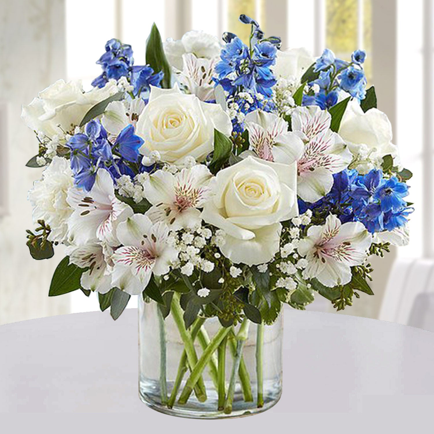 Blue and White Floral Bunch In Glass Vase
