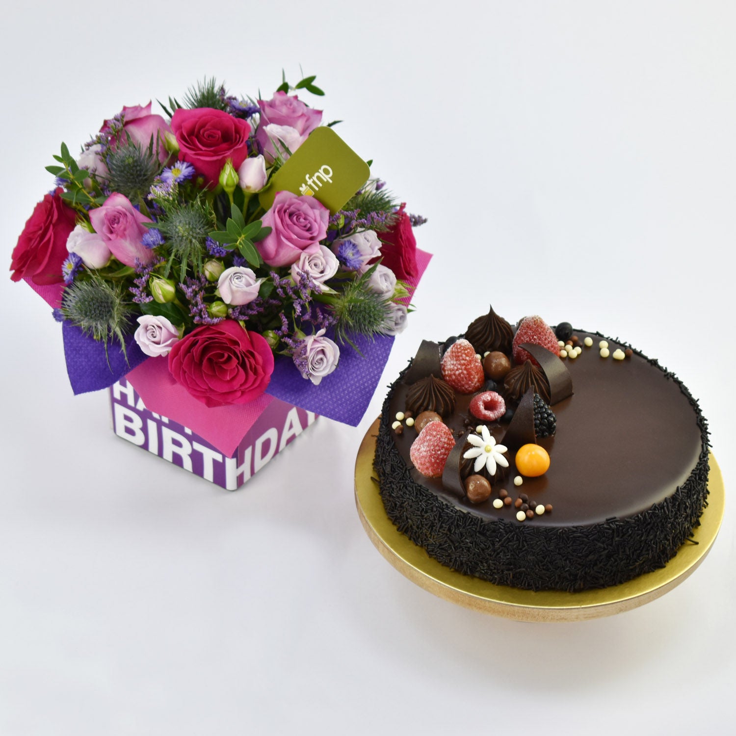 Chocolate Cake & Birthday Flower Arrangement