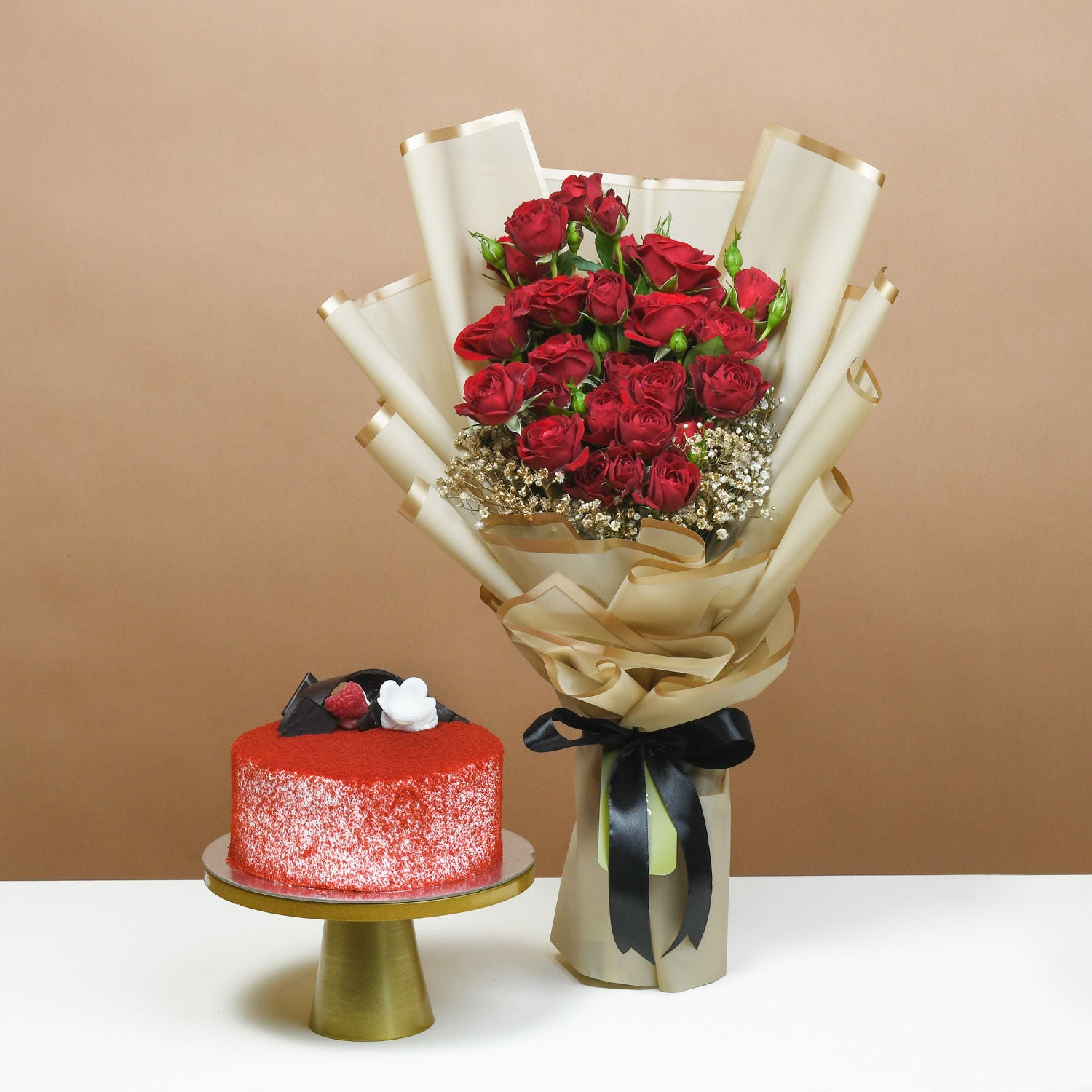 Crimson Heartfelt Roses and Red Velvet Surprise