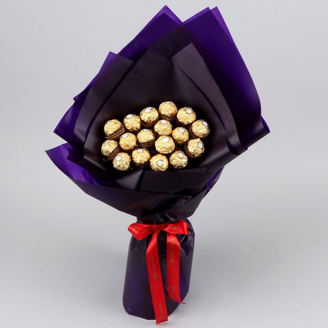 Luxurious Blue Ferrero Rocher Chocolate Bouquet with Red Satin Ribbon