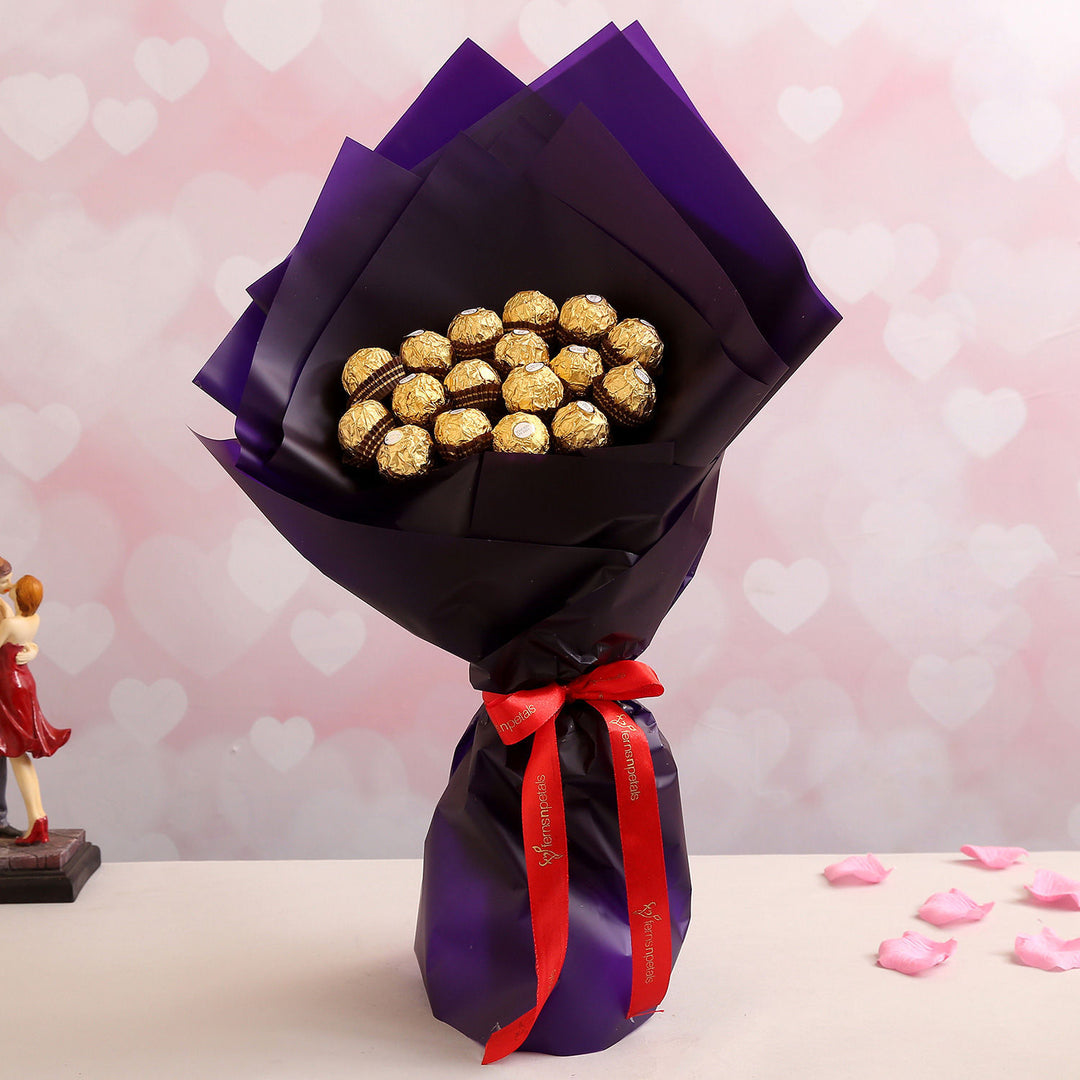 Luxurious Blue Ferrero Rocher Chocolate Bouquet with Red Satin Ribbon