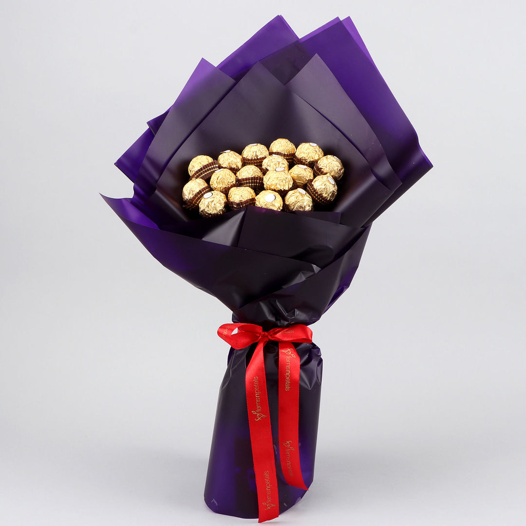 Luxurious Blue Ferrero Rocher Chocolate Bouquet with Red Satin Ribbon