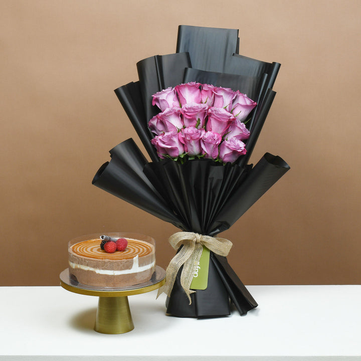 Luxurious Purple Rose Bouquet with Decadent Triple Chocolate Cake