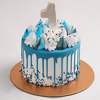First Milestone Red Velvet Birthday Cake with Blue Drip Design