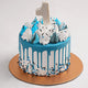 First Milestone Red Velvet Birthday Cake with Blue Drip Design