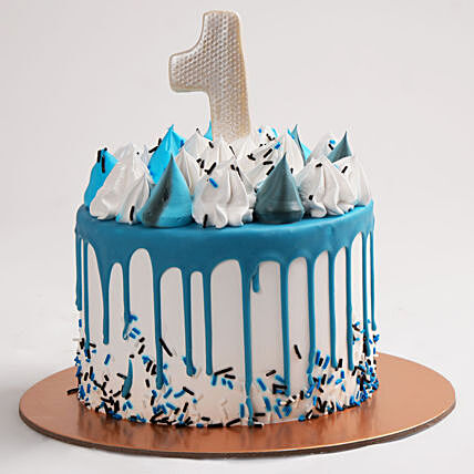 First Milestone Red Velvet Birthday Cake with Blue Drip Design