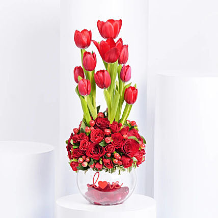 Forever with You: Elegant Red Floral Arrangement in Glass Vase
