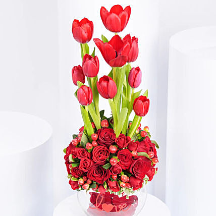 Forever with You: Elegant Red Floral Arrangement in Glass Vase