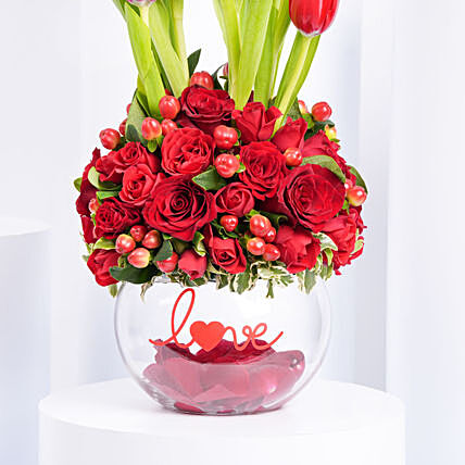 Forever with You: Elegant Red Floral Arrangement in Glass Vase