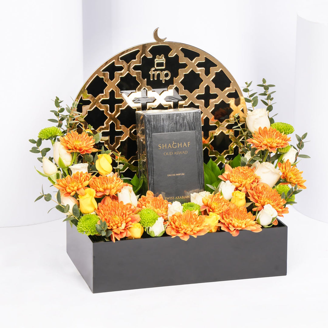 مجموعة أمنية رقيقة للهدايا الرمضانية مع الزهور الفاخرة وعطر شغف عود أسود