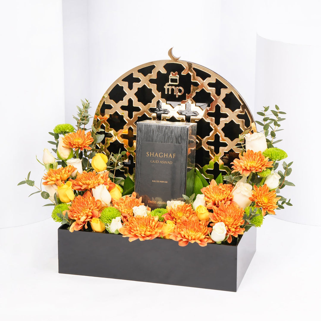 مجموعة أمنية رقيقة للهدايا الرمضانية مع الزهور الفاخرة وعطر شغف عود أسود