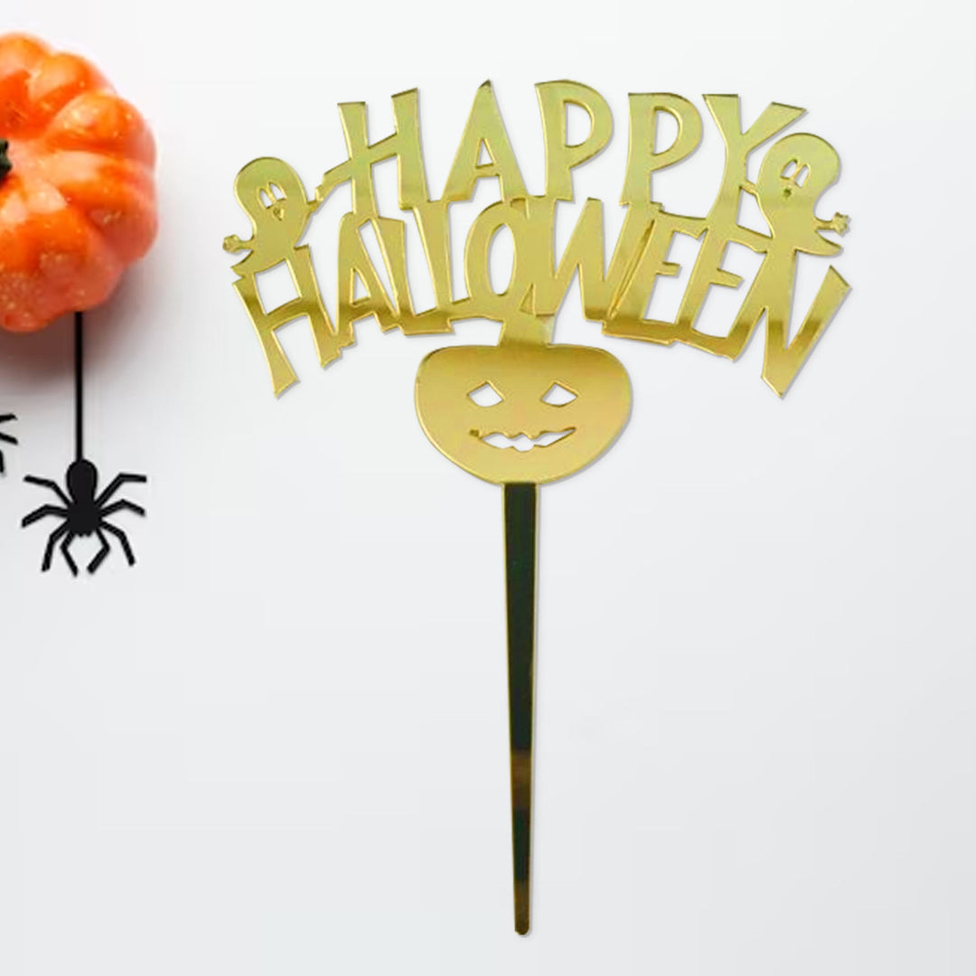 Golden Happy Halloween Cake Topper with Pumpkin Design