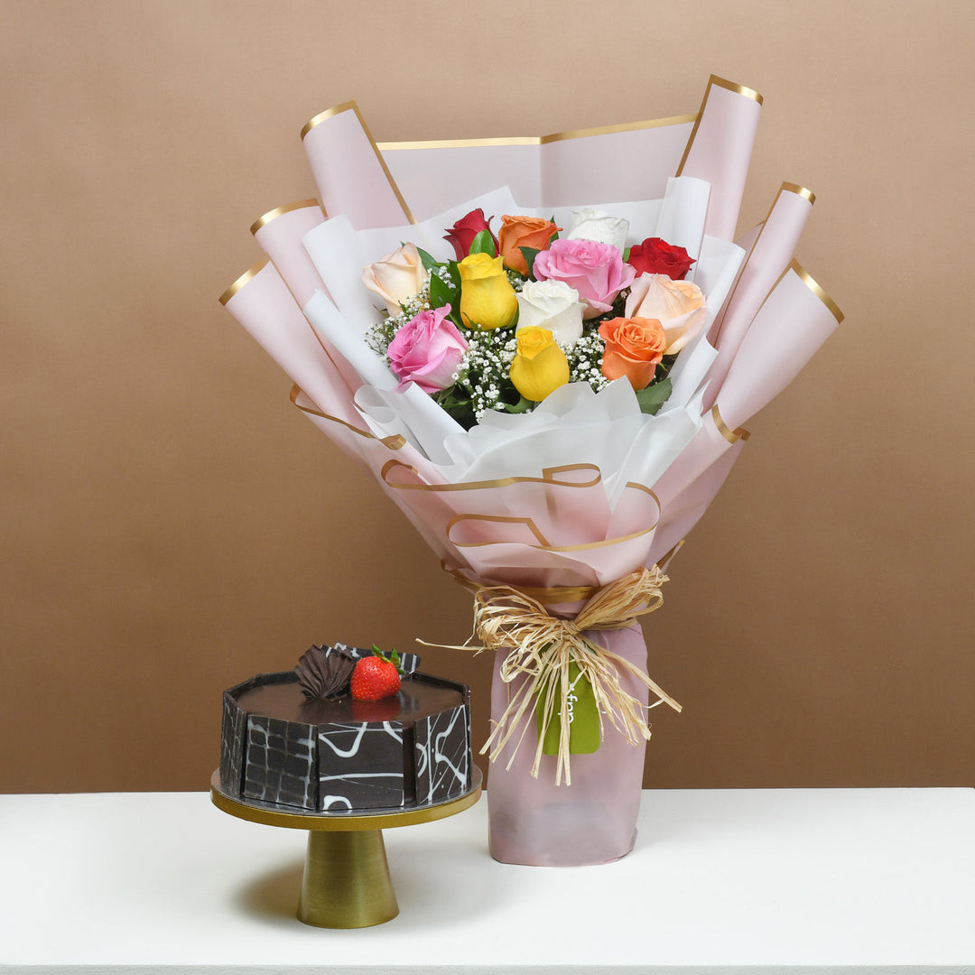 مزيج الورد الفاخر وكعكة الشوكولاتة الشهية