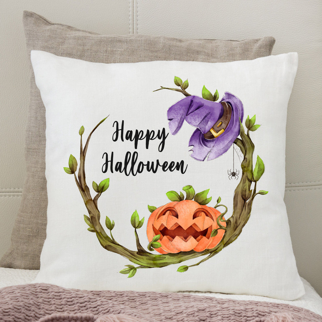 Festive Halloween Cushion with Witch Hat and Pumpkin Design