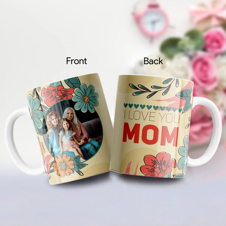 كوب خزفي شخصي مع صورة وتصميم - أحبك أمي