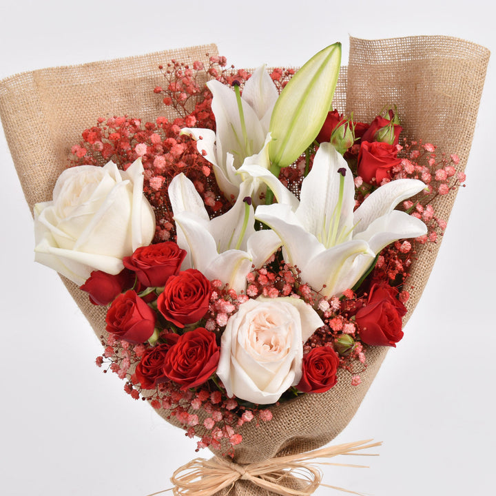 Elegant Lilly Shade Bouquet - A Symphony of White and Red Roses