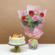 Elegant Bouquet of Blushing Roses with Delectable Fruit Cake