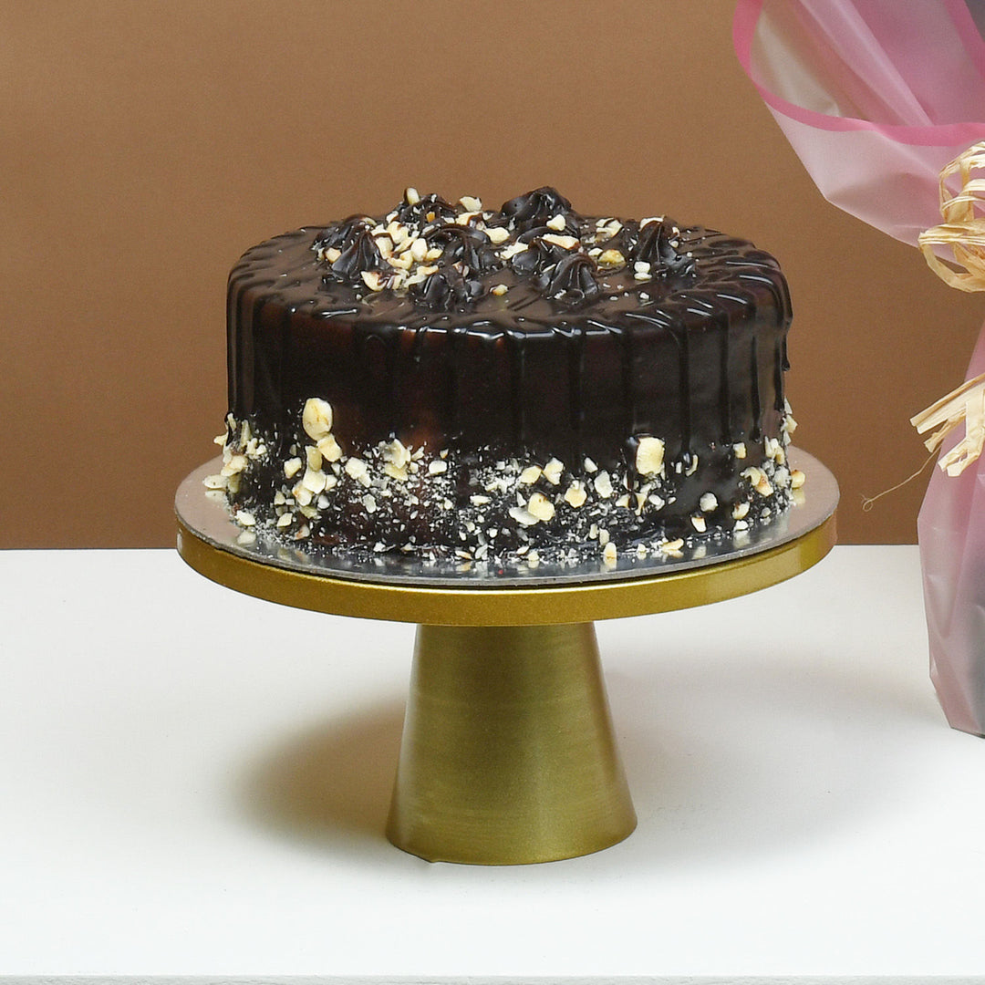 Romantic Blush: Red & Pink Roses with Decadent Chocolate Hazelnut Cake