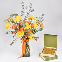 Orange and Yellow Roses and Chocolate Box