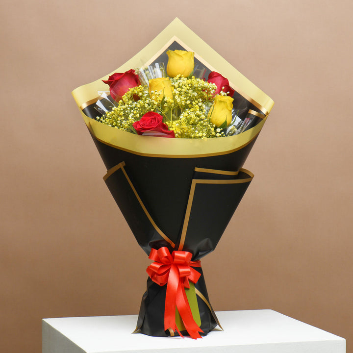 Radiant Sunshine Roses with Decadent Chocolate Cake
