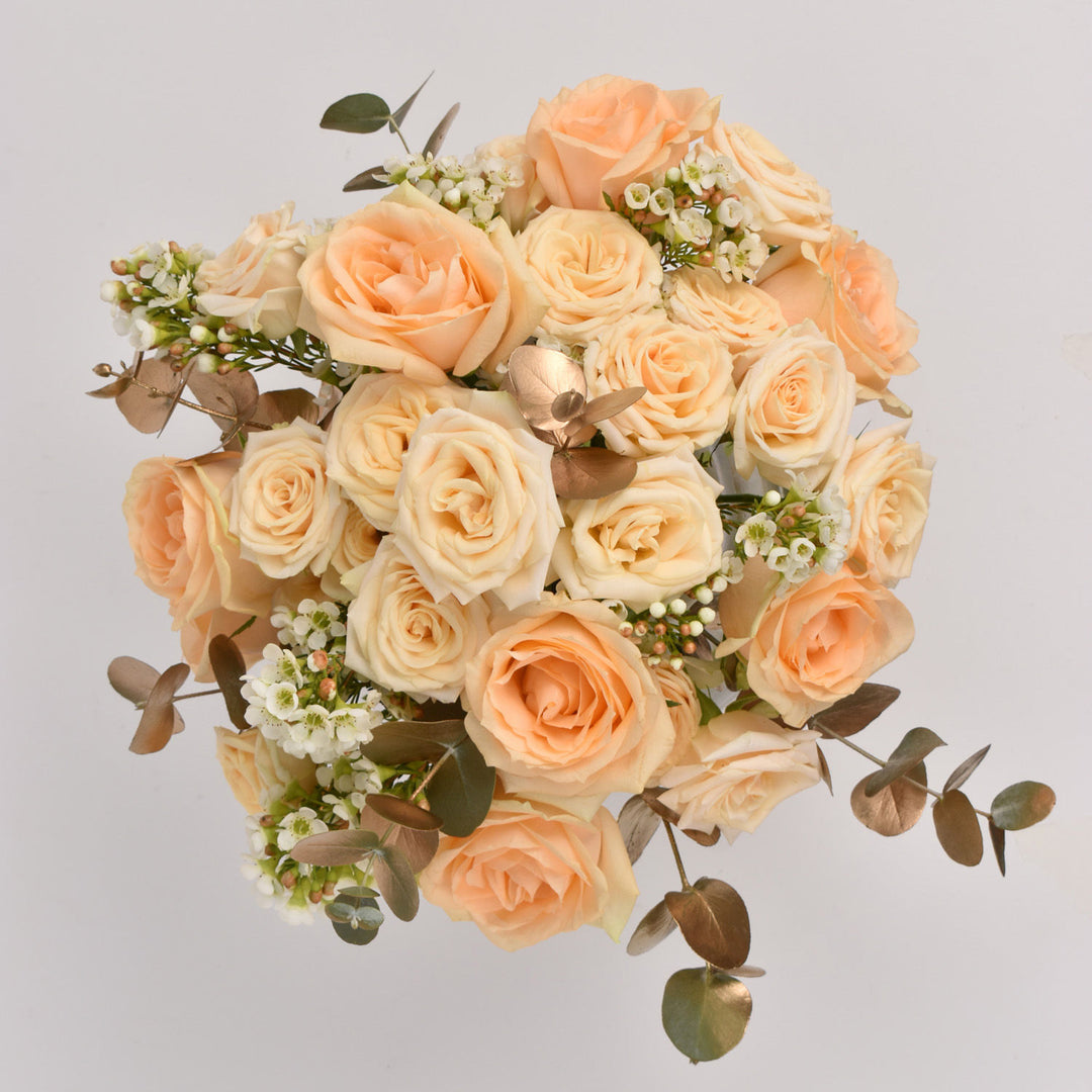 Elegant Peach Roses Table Centerpiece in Glass Bowl