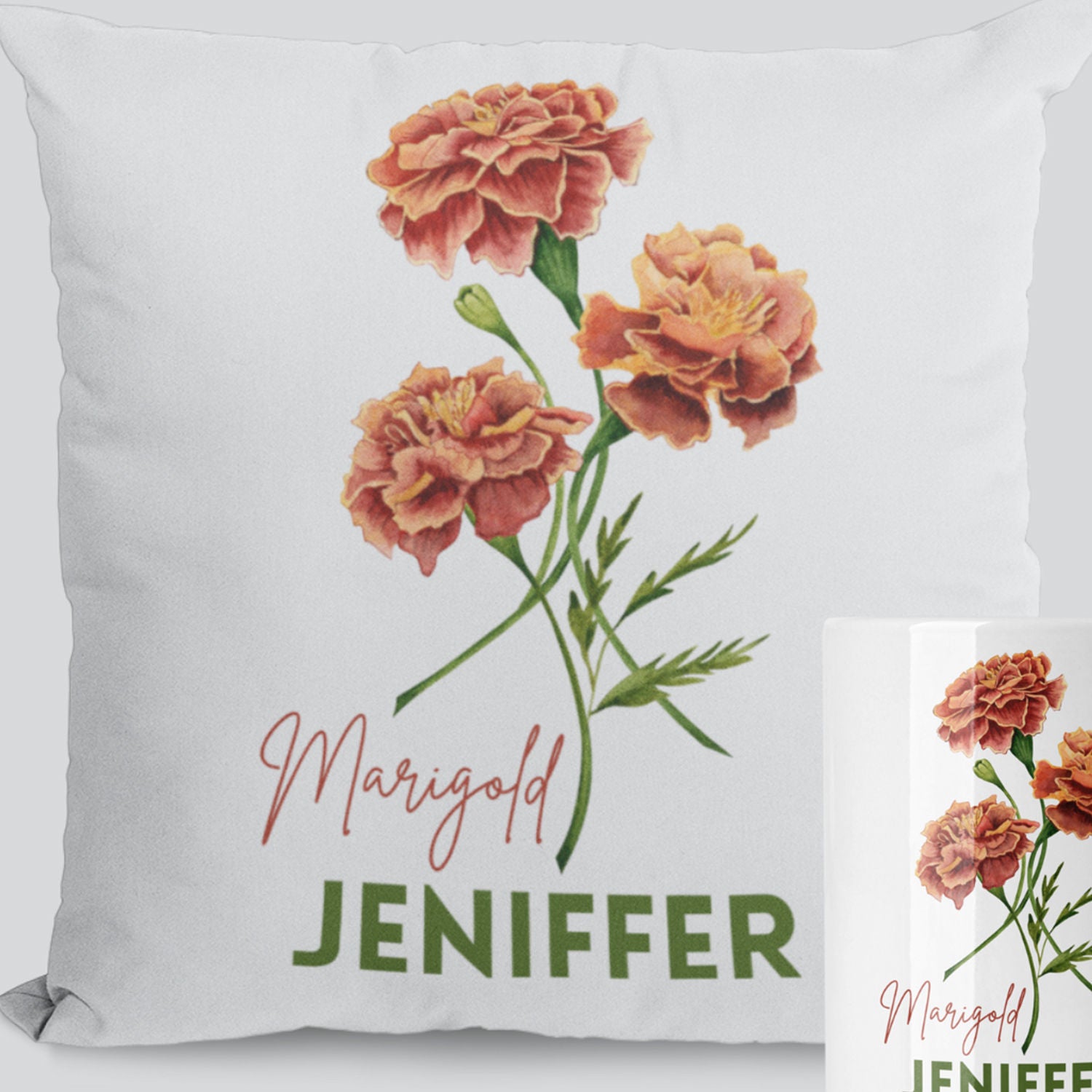Personalised October Mug And Cushion Orange Marigold