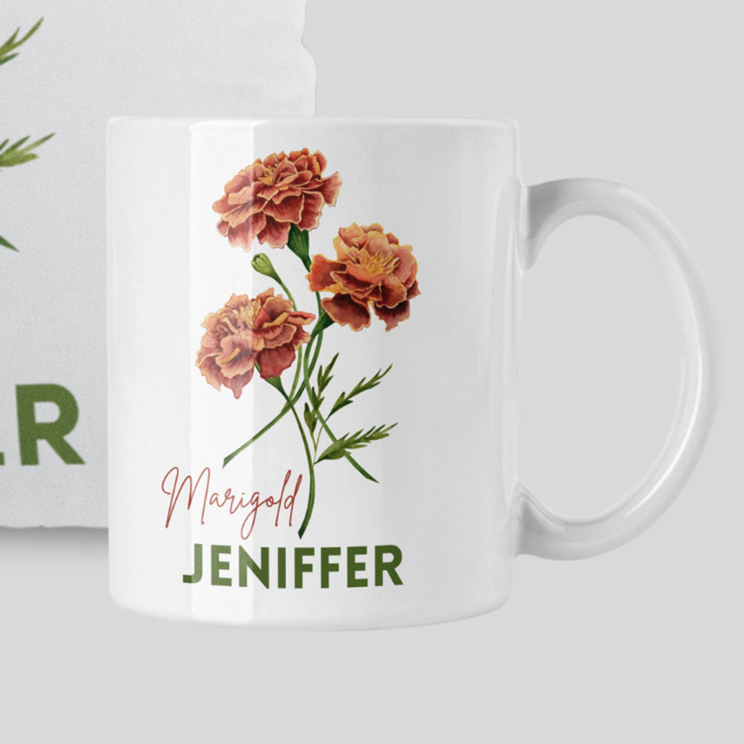 مجموعة كوب ووسادة شخصية بتصميم زهرة القطيفة البرتقالية لشهر أكتوبر