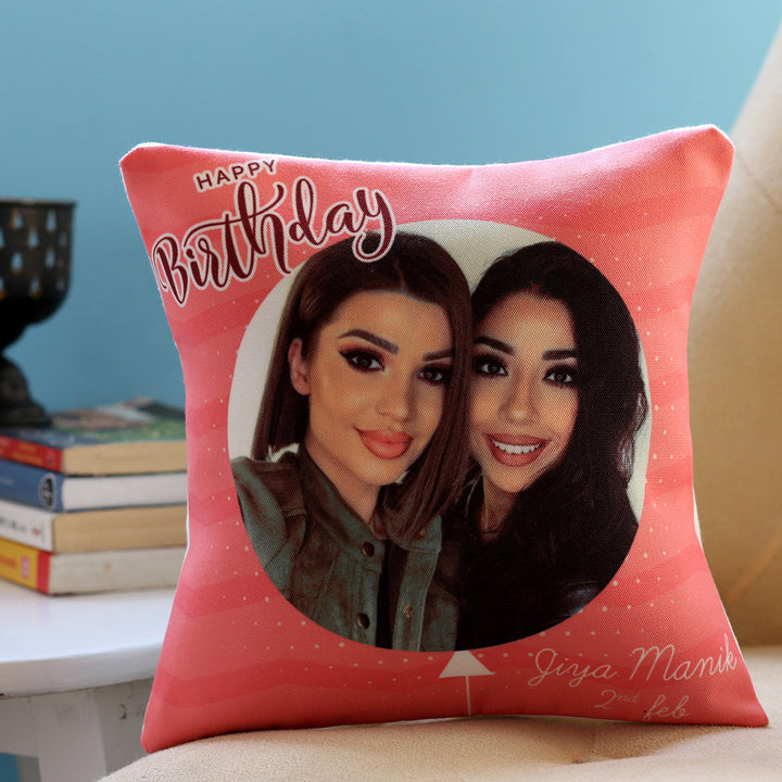 Customizable Pink Birthday Cushion with Personal Photo