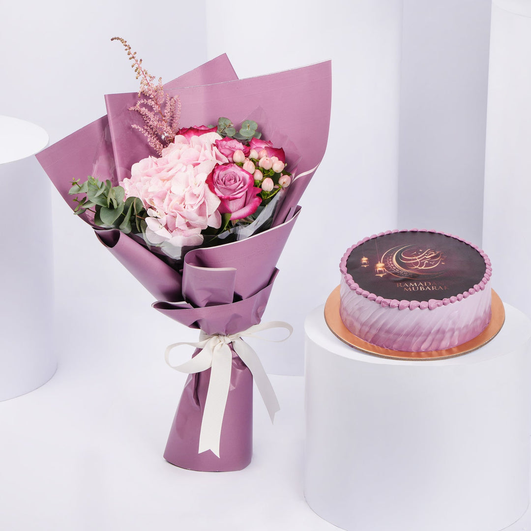 Luxurious Ramadan Mubarak Chocolate Cake with Elegant Pink Flower Bouquet