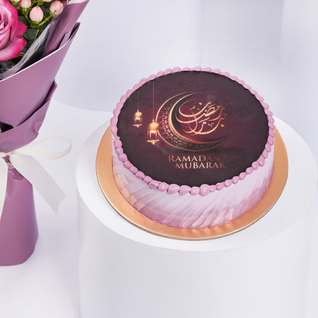 Luxurious Ramadan Mubarak Chocolate Cake with Elegant Pink Flower Bouquet