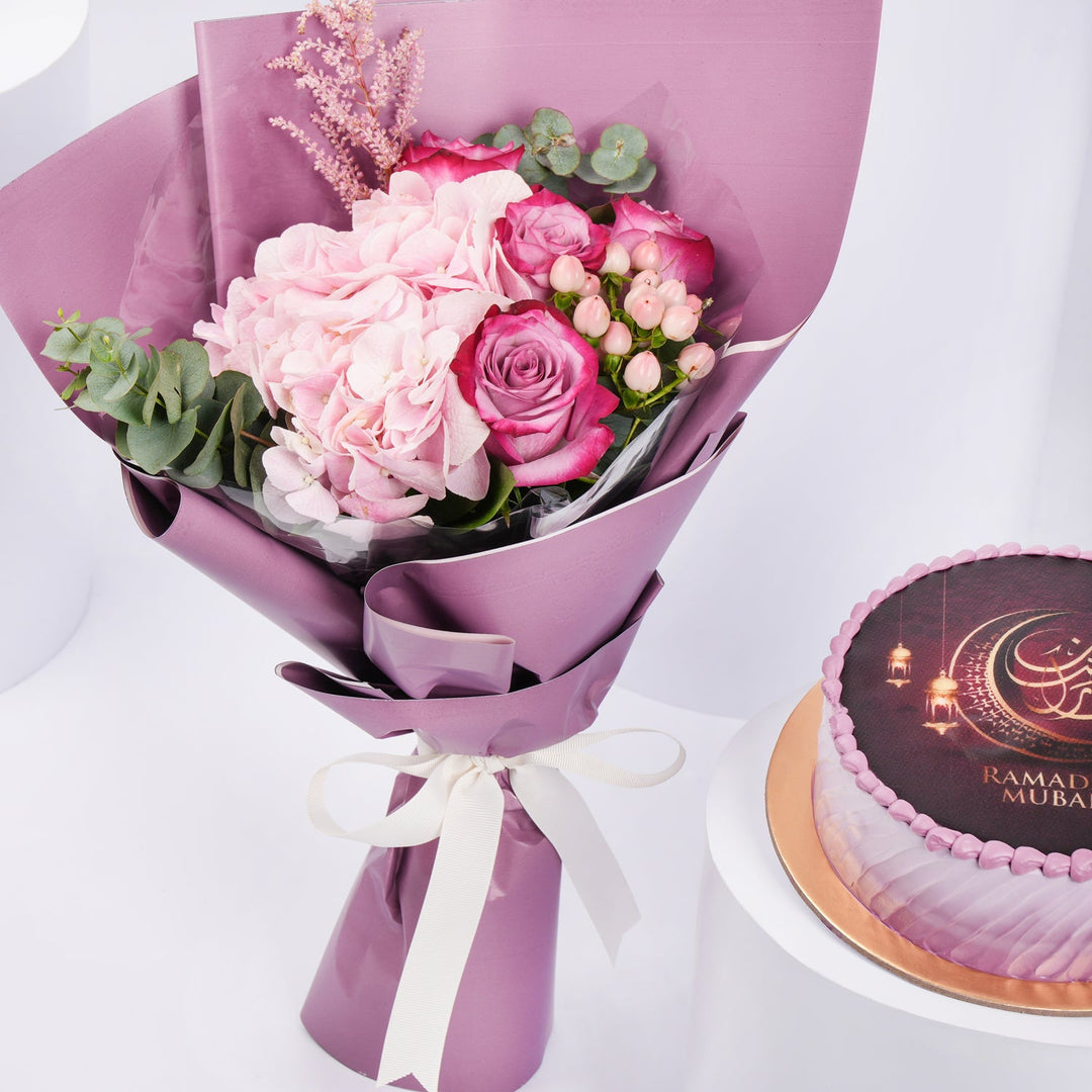 Luxurious Ramadan Mubarak Chocolate Cake with Elegant Pink Flower Bouquet
