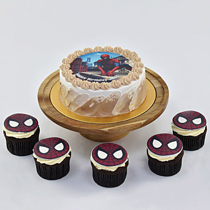 Delicious Spiderman Birthday Cake with Chocolate Cupcakes Set