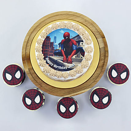 Delicious Spiderman Birthday Cake with Chocolate Cupcakes Set