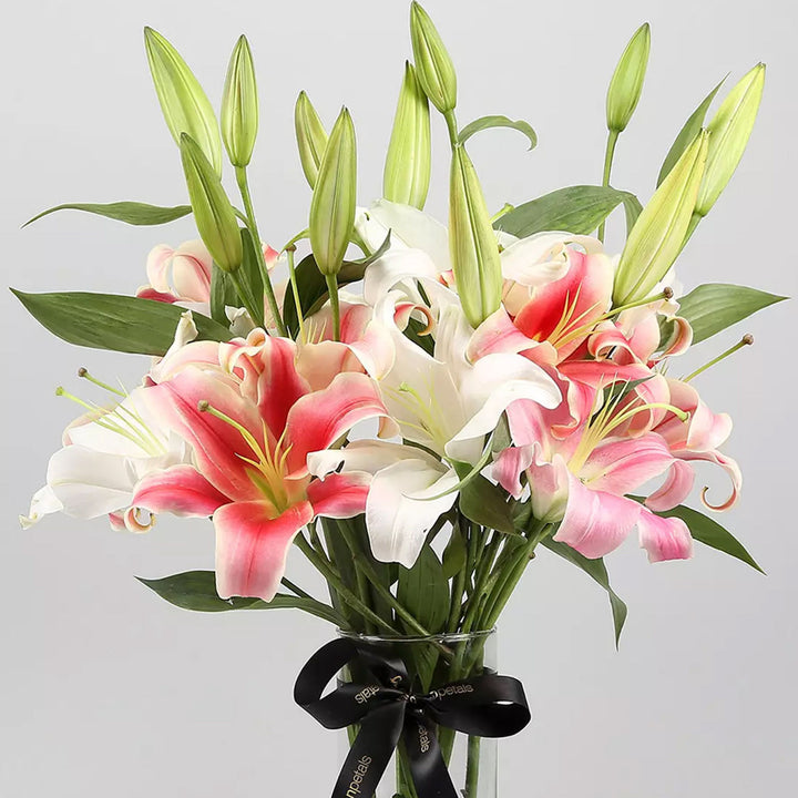 Elegant White and Pink Lily Arrangement in Glass Vase