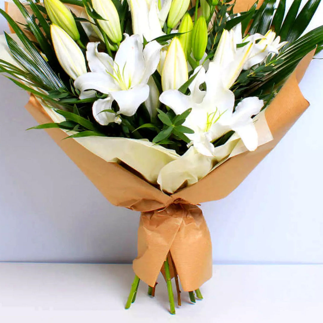 Elegant White Lily Bouquet with Areca and Eucalyptus Leaves