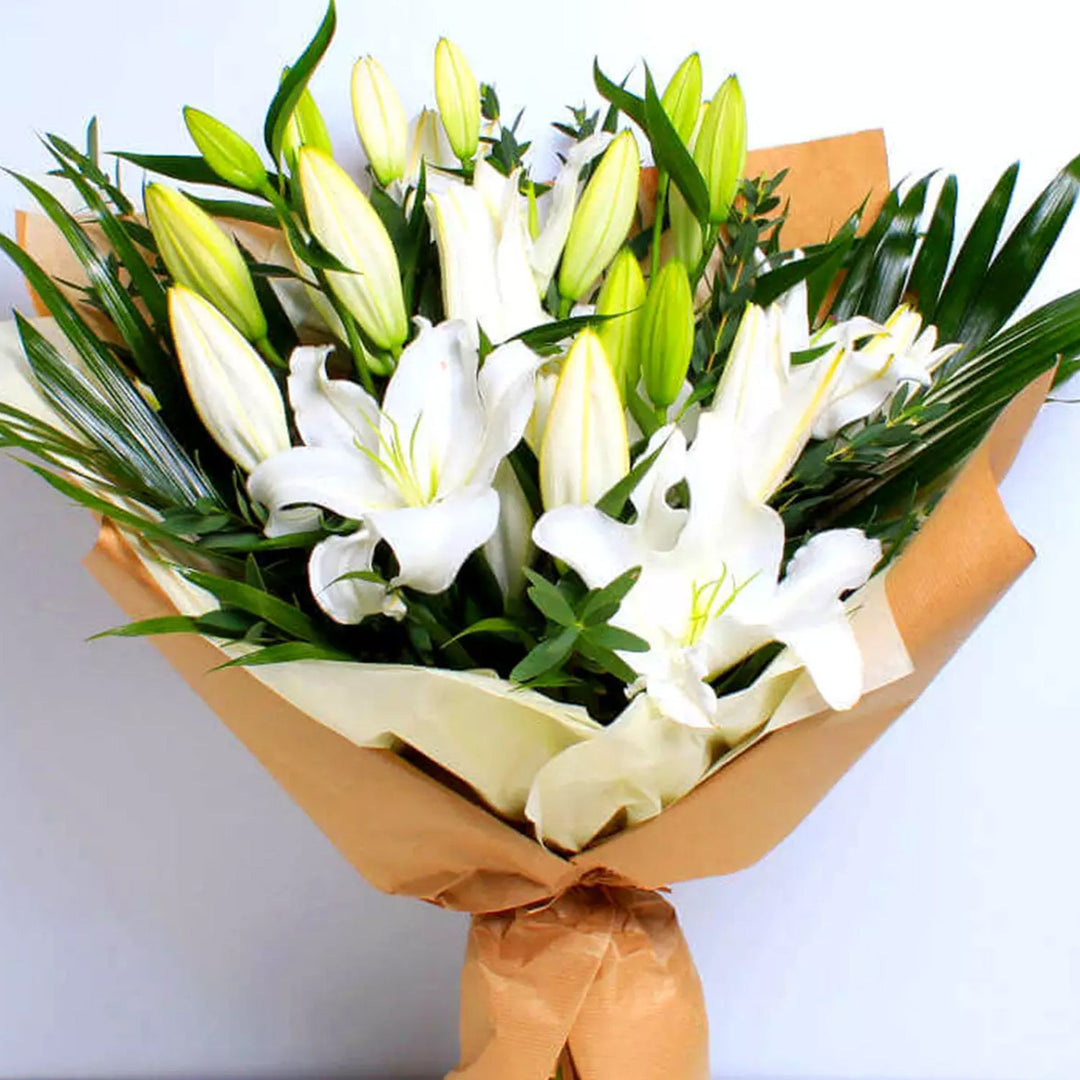 Elegant White Lily Bouquet with Areca and Eucalyptus Leaves