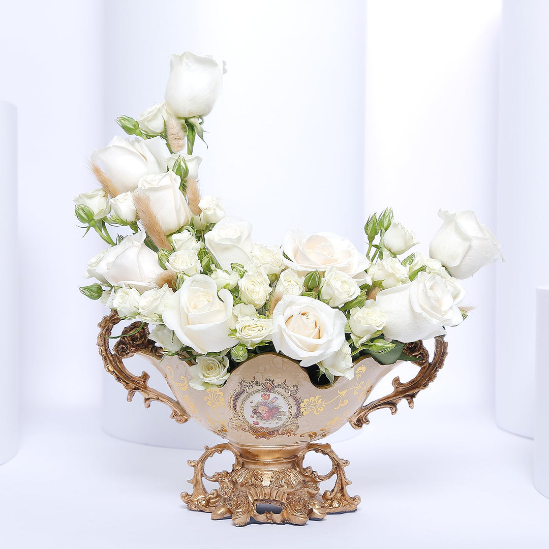 Elegant White Roses Arrangement in a Luxurious Ornate Vase