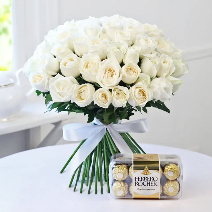 Elegant White Rose Bouquet with Ferrero Rocher Chocolates