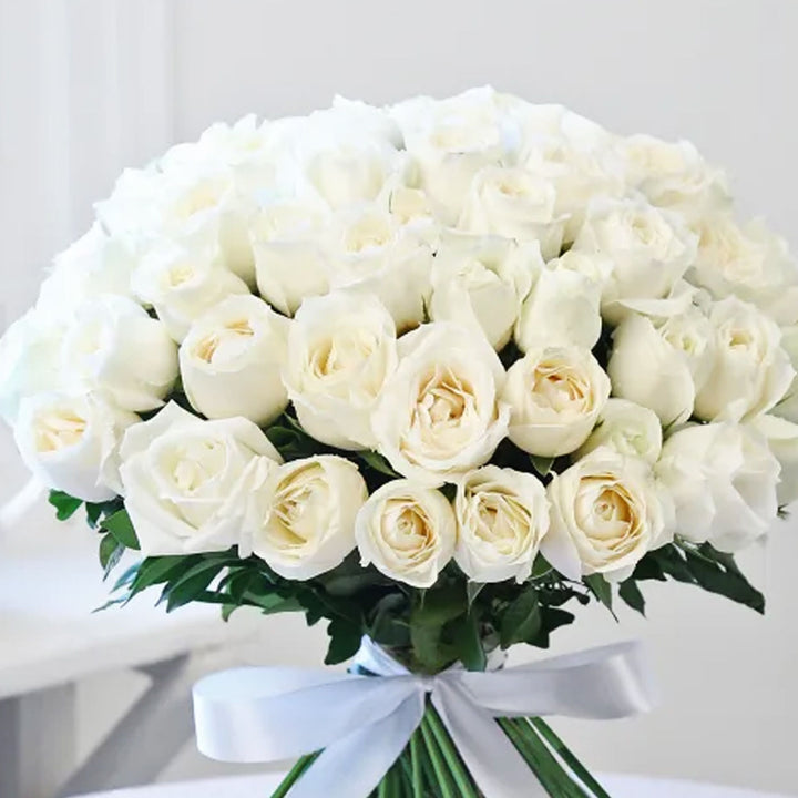 Elegant White Rose Bouquet with Ferrero Rocher Chocolates